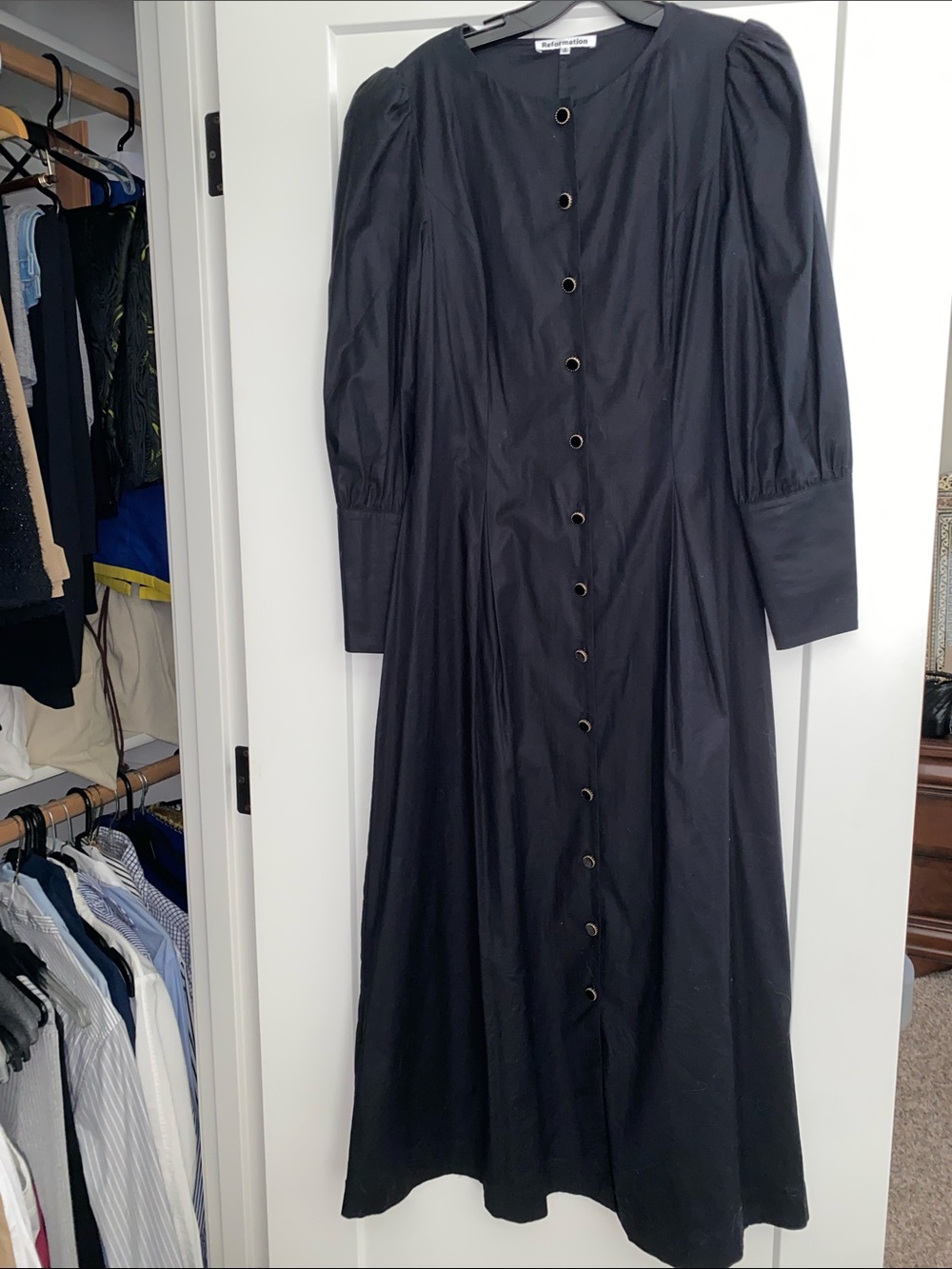 Never Worn Reformation Long Black Button-Front Puff Sleeve Dress - Picture 1 of 3